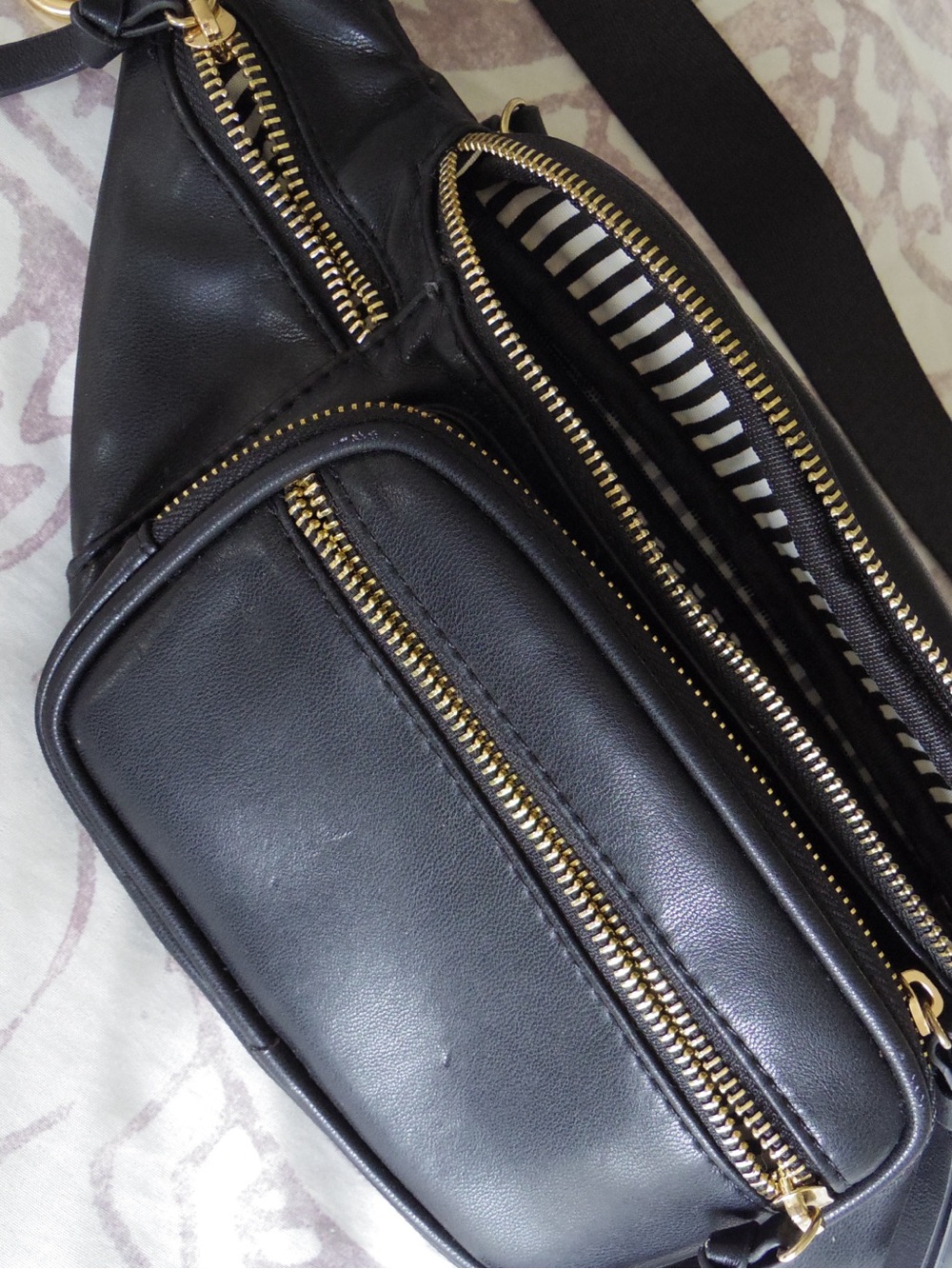 Black Leather Crossbody Sling Bag with Gold Hardware